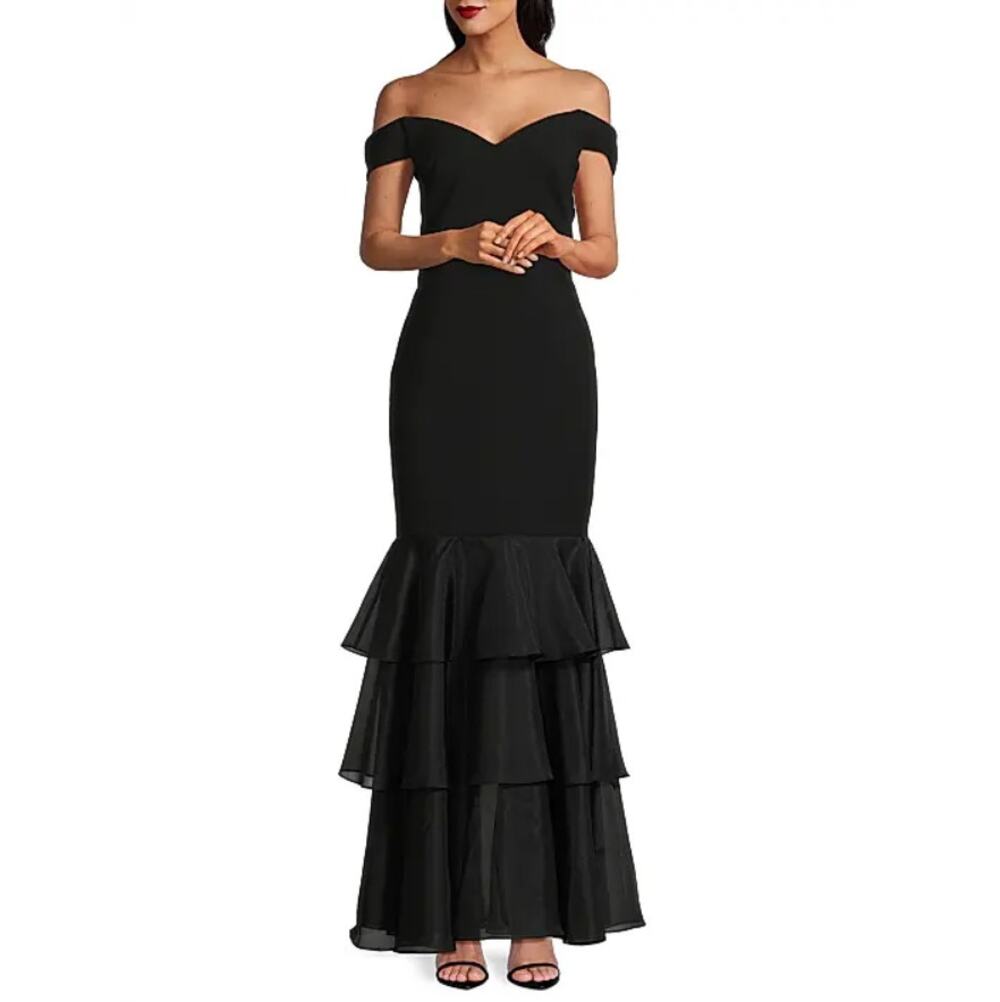 Aidan Mattox Black Bonded Crepe Off-the-Shoulder Mermaid Gown Size 6